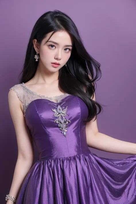 21yo girl, beautiful dress, purple background