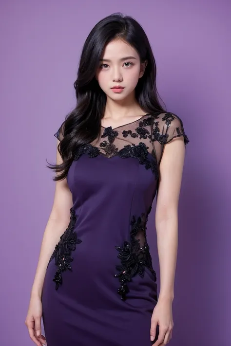 21yo girl, beautiful dress, purple background