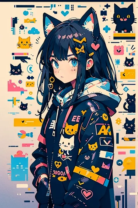 anime girl with black hair and a cat hat, anime style illustration, moe artstyle, wallpaper 8 k, digital illustration, beautiful catgirl, she wears a hoodie with animal ears and technowear technology, futuristic fashion in black and holographic colors, man...