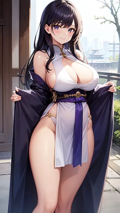 Girl in Priestess Uniform, Outfit with open chest, Shoulder-exposing sleeves, Short hakama, smile, looking at viewer, (Huge Breasts), (open clothes), (breasts out), Inside Japan house, Close-up from the waist up,