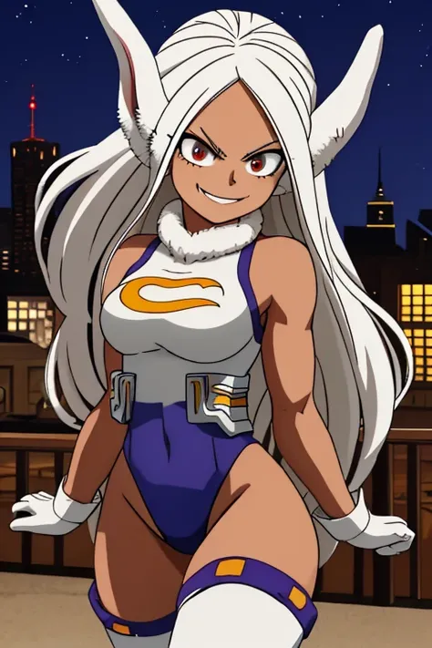 (best quality:1.3), (4K quality),masterpiece, best quality, high res, detailed, (Detailed face:1.2), (Detailed eyes:1.2), (Perfect figure:1.2), looking at viewer, , (1girl), mirkomha, boku no hero academia, rabbit ears, ((dark-skinned female)), ((dark skin...