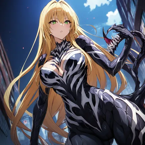 ((Highest quality)), ((masterpiece)), (detailed), （Perfect Face）、The female Venom is Tiare, a green-eyed, blonde, medium-long-haired female Venom, whose body has been completely transformed into Venom and who is wearing a Venom suit.