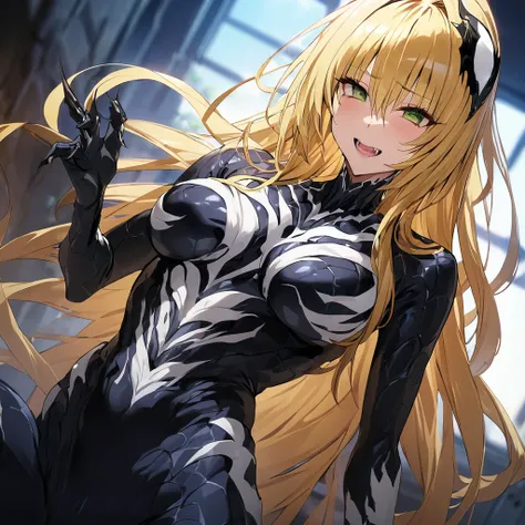 ((Highest quality)), ((masterpiece)), (detailed), （Perfect Face）、The female Venom is Tiare, a green-eyed, blonde, medium-long-haired female Venom, whose body has been completely transformed into Venom and who is wearing a Venom suit.