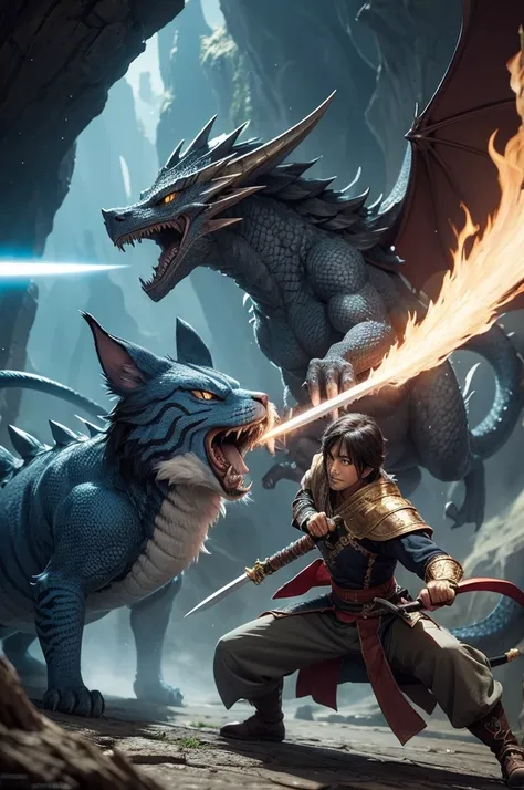 A swordsman cat fighting a wizard dragon