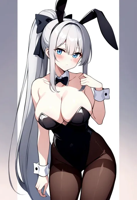 slender, mature female, animal_ears, bunny_ears, breasts, bunnysuit, 1girl, rating:safe, leotard, black_leotard, long_hair, strapless_leotard, detached_collar, large_breasts, bow, strapless, cleavage, ponytail, bowtie, bare_shoulders, fake_animal_ears, ver...