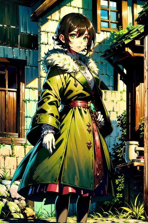 yuichiro hyakuya girl, (WithoutFear:1), 1 girl, black hair, green eyes, brown coat, gray armor, elves, sylvan, green cloak, dark brown gloves, forest, fur trim, anime, standing, good quality, portrait, looking at viewer