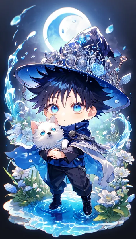 absurdres, highres, ultra detailed, hdr, master piece, fushiguro megumi chibi, black hair, expressive blue eyes, boy hugging a s...