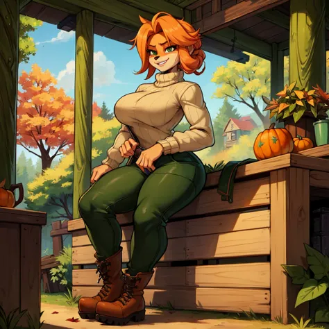 sancy anthro bandicoot girl redhead, braided hair, beautiful green eyes, sexy ,seductive, warm sweater, , camouflage pants, army...