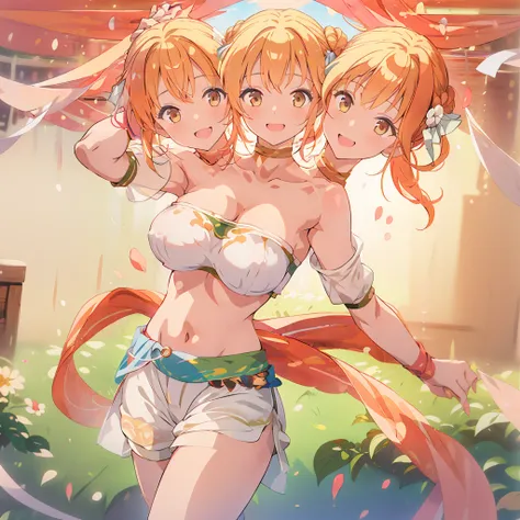 Masterpiece, (3heads:1.5), best quality, 1girl, huge tits, open breasts, smile, looking at viewer,  larumfe, hair bun, midriff, hair ribbon, white shorts, field, dancer, standing, ribbon, (upper body), (cowboy shot)