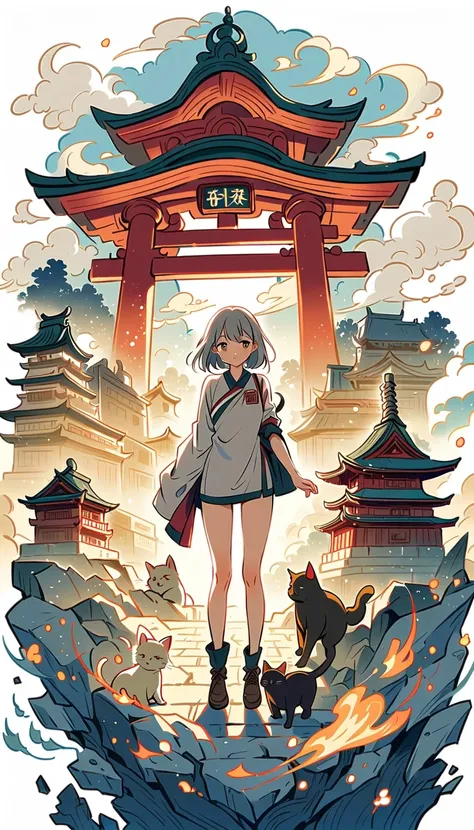 White background, Fujichoco style, short kimono, gray hair, big bust, whole body, light, temple, Torii, One cat, simple background, Simple line initialism, (((The most beautiful girls and boys))), wallpapers, 8K, Nizi,