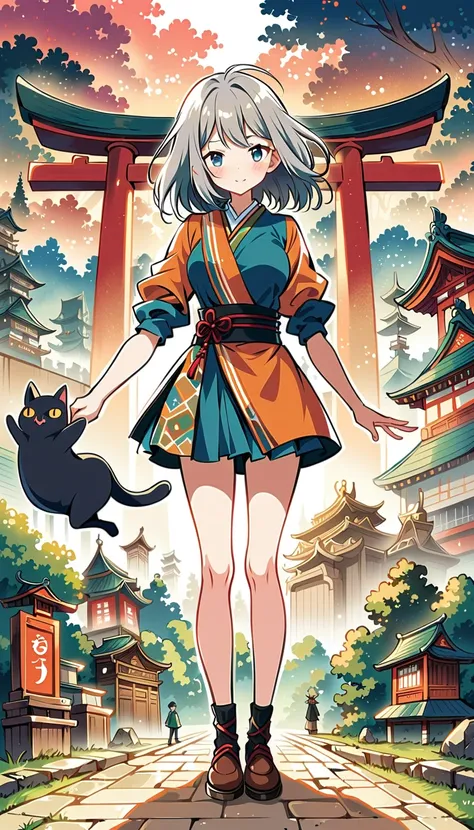 White background, Fujichoco style, short kimono, gray hair, big bust, whole body, light, temple, Torii, One cat, simple background, Simple line initialism, (((The most beautiful girls and boys))), wallpapers, 8K, Nizi,