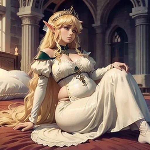 (Best quality), (high resolution), (detailed),1woman, tired elf, princess elf, beautiful royal garments, beautiful long white dress, sitting on a bed in her tall white tower, beautiful long wavy blonde locs, tall, shy priincess, slightly chubby, little pud...