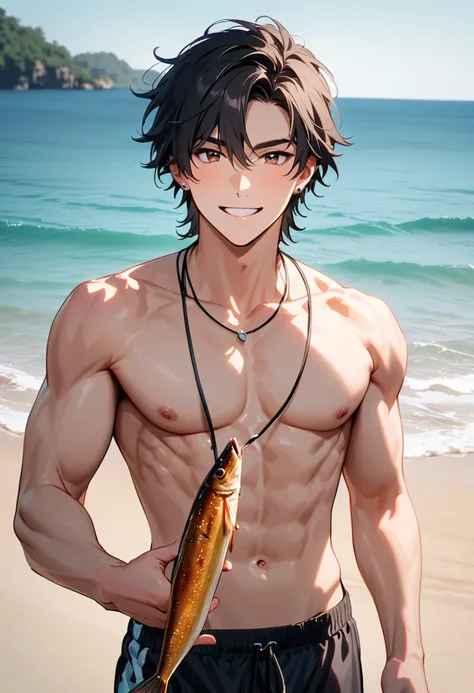 A young man, 22-years-old, solo, Caucasian, masculine face, muscular physique, shaggy tousled black hair, brown eyes, cheerful smile, mouth open, no shirt, shirtless, black swimming trunks, thin silver necklace, small silver earrings, beach, holding a skew...