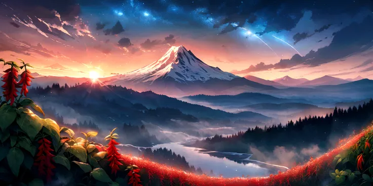 wide landscape flooded with light moebius style, Red chilis, basil, mt hood, waterfall