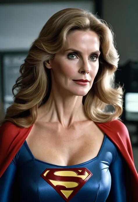   1984 Supergirl  Julie Hagerty; 1984 movie costume (((long hair))); "breasts of steel"; photo; 8k; 2000s; HD. Photograph, ((realism)), extremely high quality RAW photograph, ultra detailed photograph, sharp focus, high resolution, (detailed skin:1,3),high...