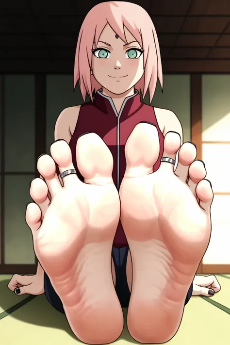 sakura haruno from naruto, feet, soles, wrinkled soles, disgusting dirty soles, black toenail, toes ring, soles focus, pink hair...