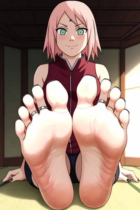 sakura haruno from naruto, feet, soles, wrinkled soles, disgusting dirty soles, black toenail, toes ring, soles focus, pink hair...