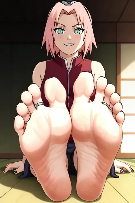 sakura haruno from naruto, feet, soles, wrinkled soles, disgusting dirty soles, black toenail, toes ring, soles focus, pink hair...