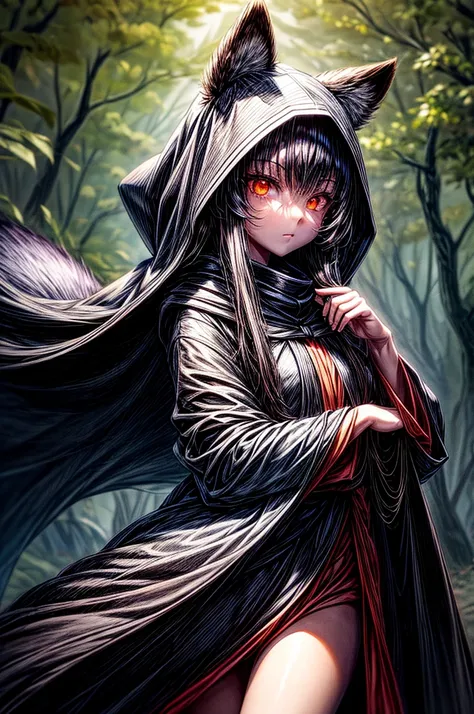 anthropomorphic, 1girl, orange eyes, raccoon ears, raccoon tail, black hair, long hair, black cloak, hood off, dark forest, moonrays,