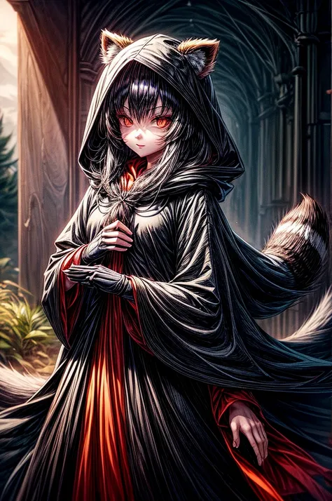 anthropomorphic, 1girl, orange eyes, raccoon ears, raccoon tail, black hair, long hair, black cloak, hood off, dark forest, moonrays,