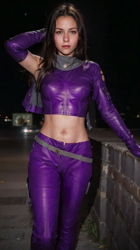 (masterpiece), (photorealistic1.4), (1 girl), (solo), (best quality), (epiCRealLife), (Kate Bishop long hair), (sleeveless top), (kateb2023 black utility belt), (kateb2023 purple costume), (purple pants) (kateb2023 purple sleevless bodysuit), (kst3w),(whit...