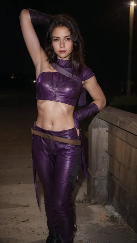 (masterpiece), (photorealistic1.4), (1 girl), (solo), (best quality), (epiCRealLife), (medium breast),  (Kate Bishop long hair), (sleeveless top), (kateb2023 black utility belt), (kateb2023 purple costume), (purple pants) (kateb2023 purple sleevless bodysu...