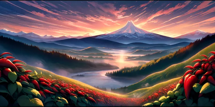 ultra wide landscape flooded with light moebius style, Red chilis, basil, mt hood, waterfall