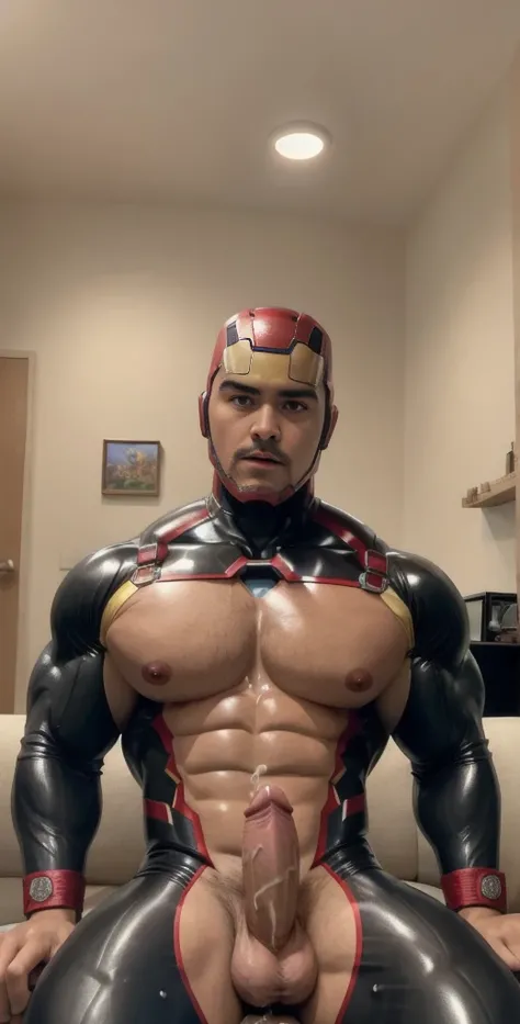 (masterpiece, intricately detailed, highest resolution, best quality:1.2), (doujin), a cocky Latino Instagram influencer,a 24 y.o muscle stud with a muscular physique sitting on a chair with black eyes,dark-skinned male, wearing a ((Ironman inspired catsui...