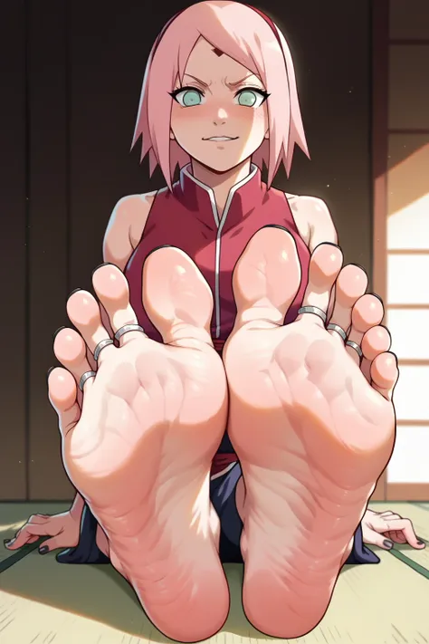 sakura haruno from naruto, feet, soles, wrinkled soles, disgusting dirty soles, black toenail, toes ring, soles focus, pink hair...