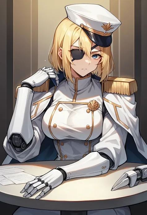 commander anime girl, white commander clothes, 18 years old, tall, medium length blonde hair, blue eyes, eye patch, right a mechanical arm, left arm a normal arm, sitting at the head of a large and long covenant table, white commander hat, 8K İmage Quailty