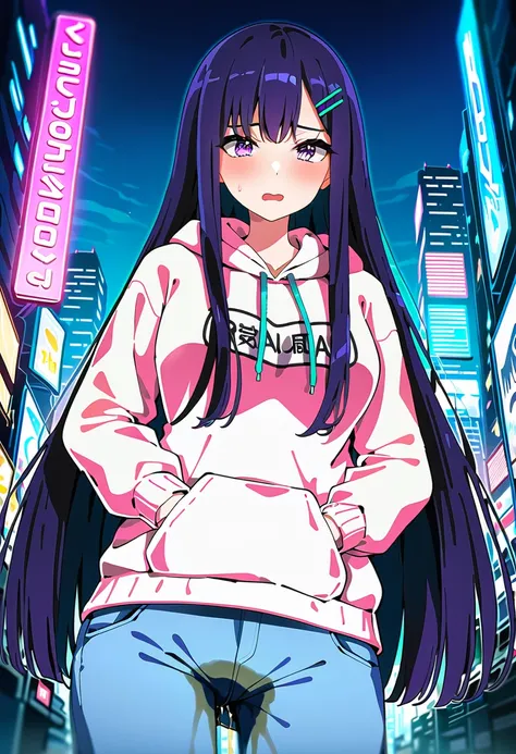 (masterpiece:1.37), best quality, (extremely detailed:1.37), woman, mature, adult, large breasts, very long hair, (straight hair:1.5), dark purple hair, purple eyes, (extremely detailed eyes:1.37), hoodie, jeans, desperation, (wetting: self 3.0), standing,...