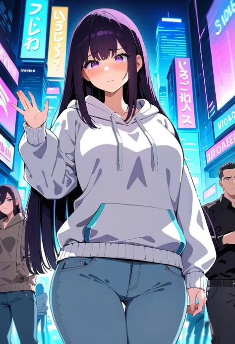 (masterpiece:1.37), best quality, (extremely detailed:1.37), woman, mature, adult, large breasts, very long hair, (straight hair:1.5), dark purple hair, purple eyes, (extremely detailed eyes:1.37), hoodie, jeans, desperation, (wetting: self 3.0), standing,...