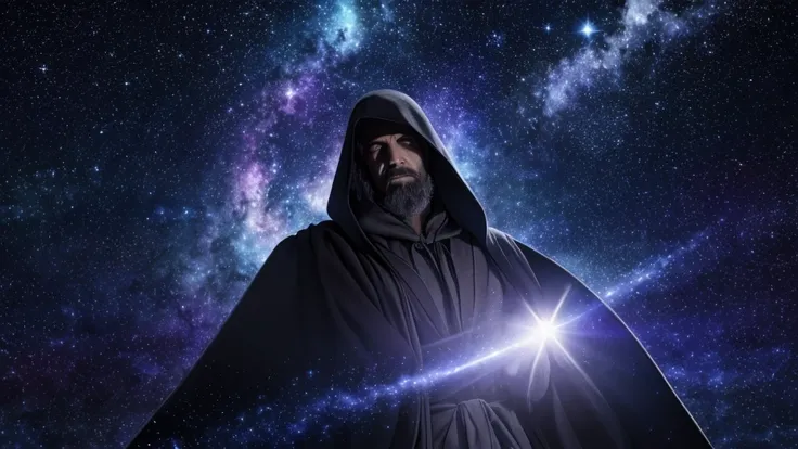 "Generate an image of a hooded man wearing grey robes, transcending with his face subtly merging into a cosmic background. The man should appear ethereal and mysterious, with his hood casting shadows over his features. His robes should be detailed and flow...