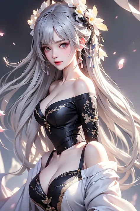 super high quality, masterpiece, Perfect illustration, Very detailed、8k wallpaper, Very detailed (Exquisite light and shadow, Very dramatic photo,Backlight) , ((Gray Hair:1.5))1 Girl, alone, (Wearing Han clothes, Royalty、Black and white Hanfu,Thick fabric,...