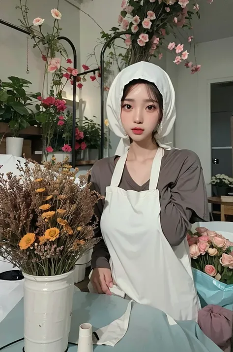 (Best quality, 8k, 32k, Masterpiece, UHD:1.2),Photo of Pretty Japanese hijab woman, large breasts, oversize crew shirt. flower shop