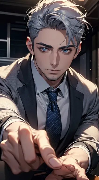 (best quality,4k,8k,highres,masterpiece:1.2),ultra-detailed,(realistic,photorealistic,photo-realistic:1.37),1 man,31 years old,mature man,very handsome,without expression,smile,short grey blue hair,blue eyes,penetrating gaze,perfect face without errors,imp...