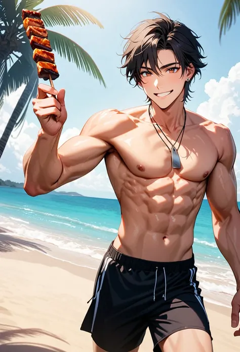 A young man, 22-years-old, solo, Caucasian, masculine face, muscular physique, shaggy tousled black hair, brown eyes, cheerful smile, mouth open, no shirt, shirtless, black swimming trunks, thin silver necklace, small silver earrings, beach, holding a skew...