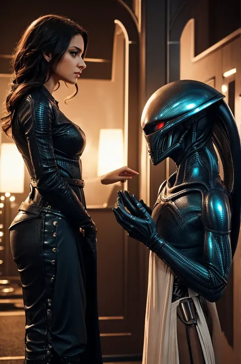 Create a female alien romantically provoking a man