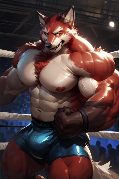 Alone, male, muscular, giant, strong, strong, massive biceps, massive pecs, wearing dark blue boxers, massive lump, by darkgem, a mystery fox61, by the shiny trap boy, wrestling ring