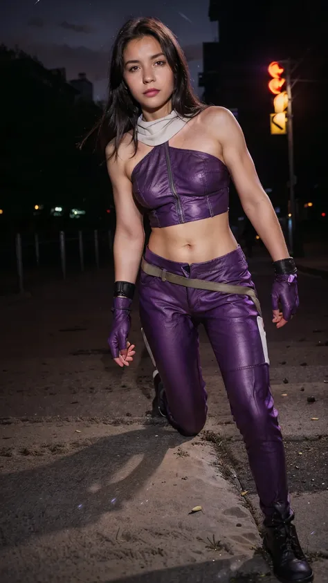 (masterpiece), (photorealistic1.4), (1 girl), (solo), (best quality), (epiCRealLife), (medium breast), (Kate Bishop long hair), (sleeveless top), (kateb2023 black utility belt), (kateb2023 purple costume), (purple pants) (kateb2023 purple sleevless bodysui...