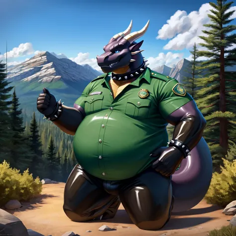 solo, full body, Male, fat, extremely obese, Dragon, park ranger, outdoor, park ranger uniform, collared shirt with buttons, blue eyes, (soft shading), 4k, hi res, ((detailed face, detailed)), looking at viewer, evil grin, Dragon is wearing the collared sh...