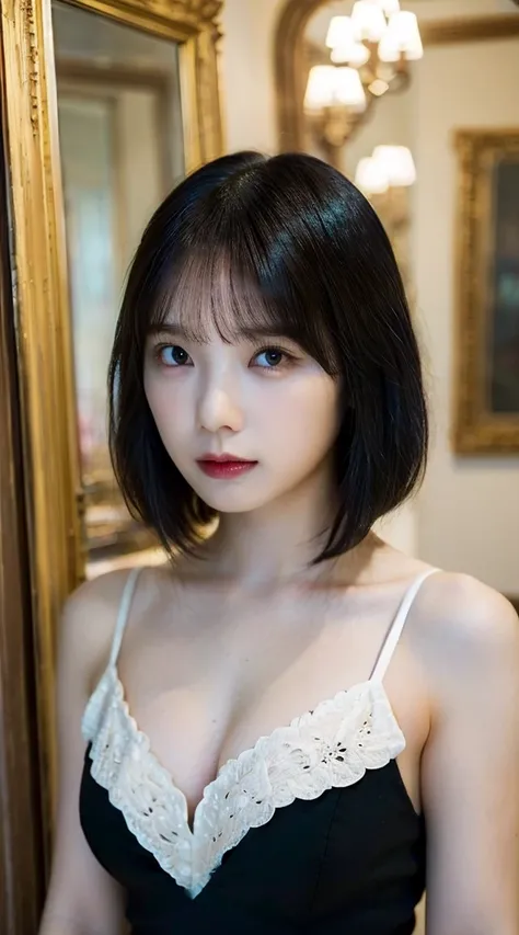 (Highest quality、、32k、masterpiece、Best Quality、Realistic）)、Black Hair、Short bangedium Hair、Small breasts、whole body、mirror、（Selfie、See-through:1.3）
