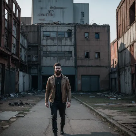 Create An Image Where A Bearded Male Youtuber Named Alex Walks Into An Abandoned Factory For A Video