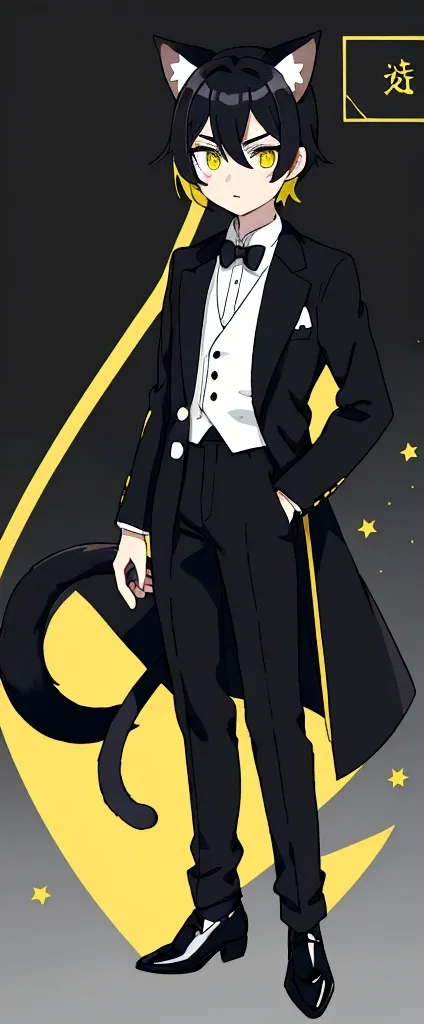 Anime boy with cat ears, Cat&#39;s tail, pale skin, black hair, eyes of different colors, the right yellow with a star in the middle and the left olive green, dress clothes, White shirt, white tie, black dress pants black shoes, coffee trench coat cozy bac...