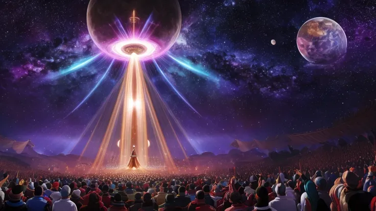 Generate an image depicting the concept of population control and mass manipulation through religion, infused with cosmic themes. Show a vast, celestial scene with a central figure or symbol representing a deity or religious authority, surrounded by a mult...