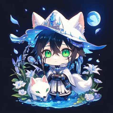 absurdres, highres, ultra detailed, HDR, master piece, Ulquiorra Cifer chibi, black hair, expressive green eyes, boy hugging a wolf, white wolf, pale skin, Bleach, magical hat, cute, best quality, blue moon, flowers, fantasy, magical, solo, water, blue shi...