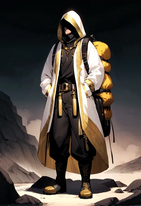 A tall man in a black kimono with gold accents, and wearing a long white coat that has gold accents and a big black hood up, black and gold cuffs, dark leather cargo pants tucked into  dark leather knee high hiking boots while accessorizing a black leather...