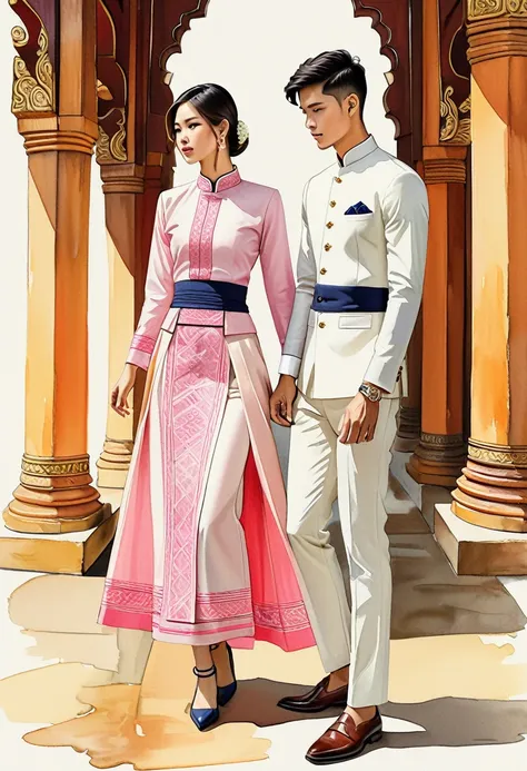 candid fashion illustration of two young man and women, 20-27 year old, adorned in a meticulously crafted North Thai traditional outfits, Lampang, ((showcase fashion Lanna style in cotton handwoven)), simple elegant style, The man wears a simple long-sleev...