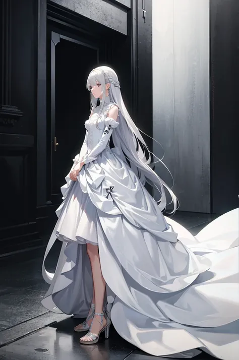 1woman, tall, long silver hair, white dress, standing on ground, high res, ultra sharp, 8K, masterpiece