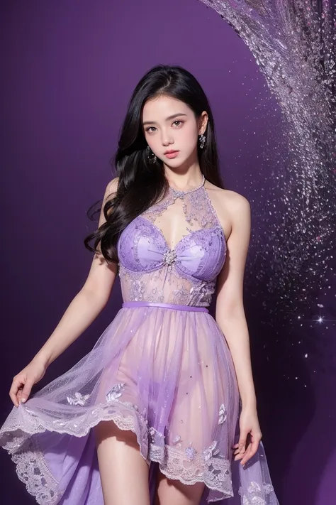 21yo girl, beautiful dress, purple background